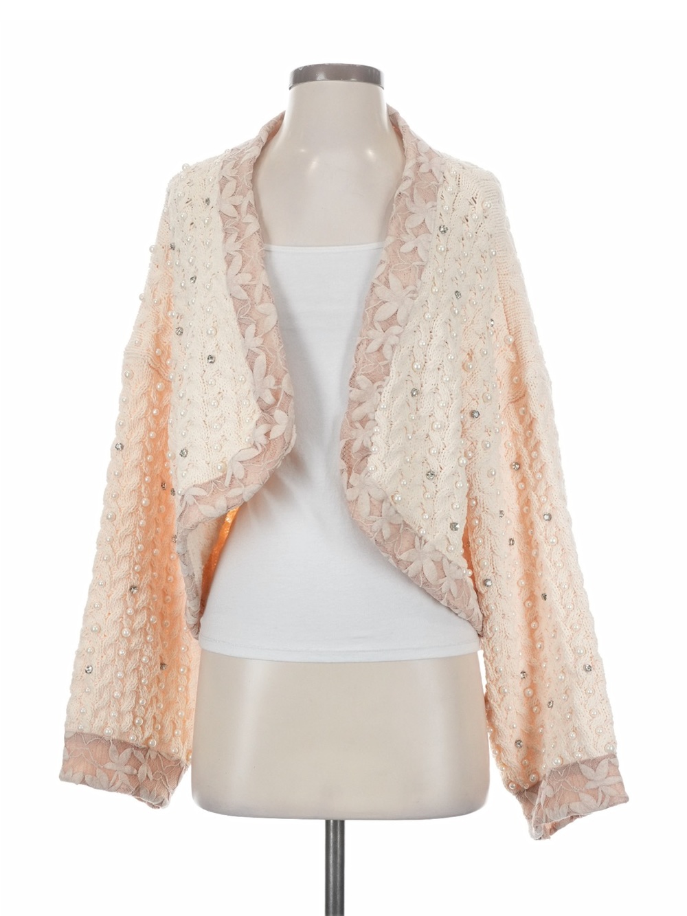 New: POL Boho Cream Beaded Chenille Crochet Knit Open-Front Lace Trim Cardigan•S - Picture 7 of 9